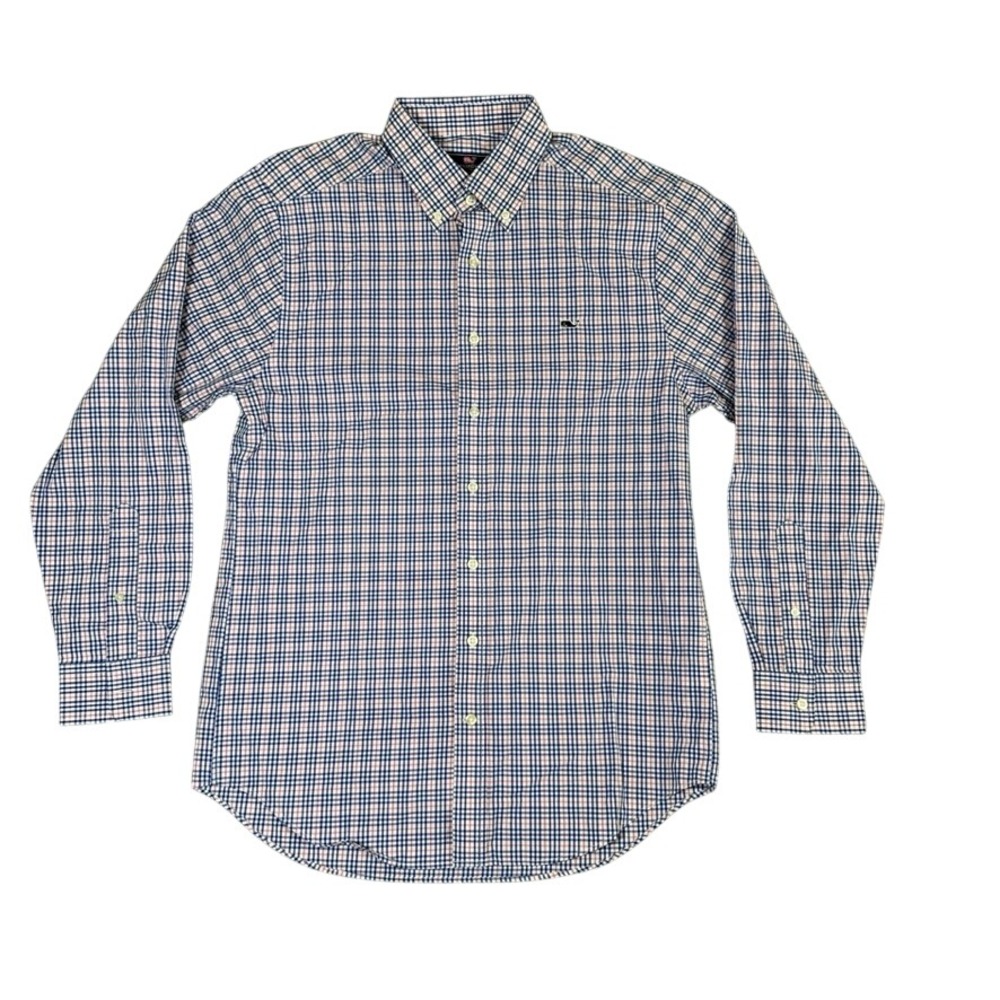 Vineyard Vines Mens Slim Fit Whale Shirt M Blue Pink Tattersall Check Cotton